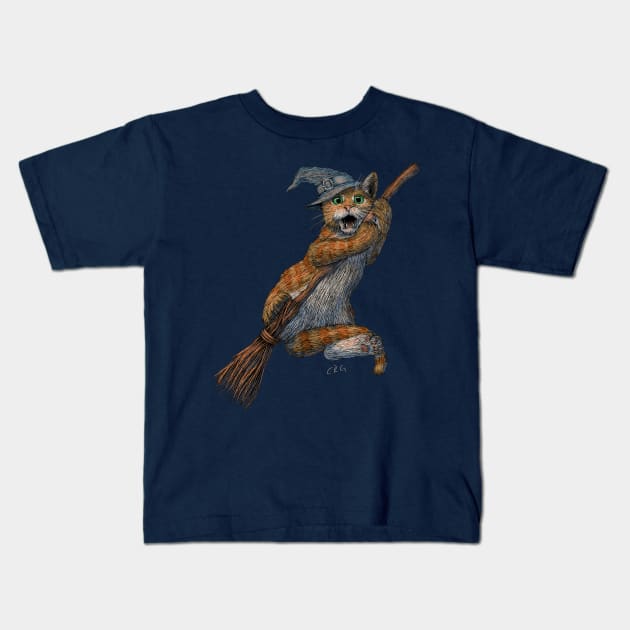 Funny Cat Witch Falling off a Broom Kids T-Shirt by Walking in Nature